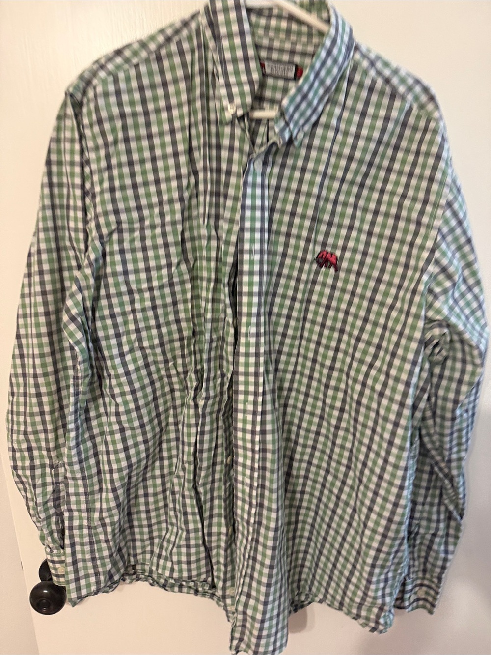 Men's Green and Blue Plaid Button-Down Shirt with Alabama Elephant Logo